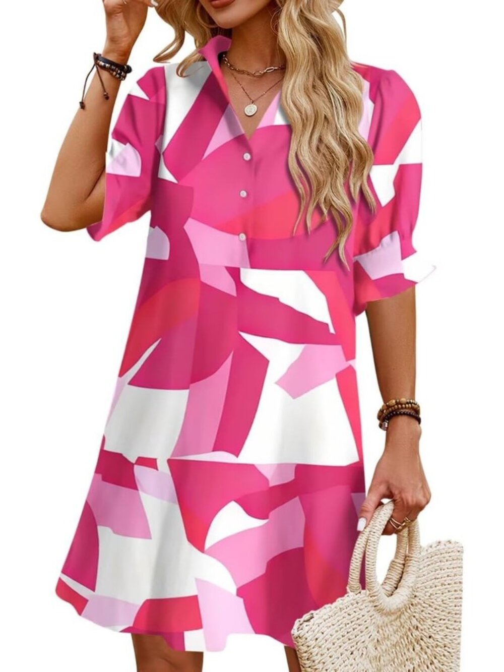 Women's Button Down Red White Ruffle Sleeve Summer Mini Dresses with Pockets